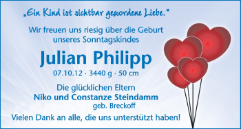 Babyanzeige von Philipp Julian Steindamm von WESER-KURIER
