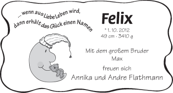 Babyanzeige von Felix Flathmann von WESER-KURIER