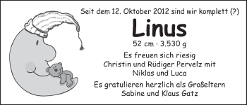 Babyanzeige von Linus Pervelz von WESER-KURIER