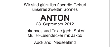 Babyanzeige von Anton Müller-Leiendecker von WESER-KURIER
