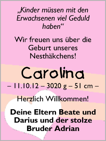 Babyanzeige von Carolina  von WESER-KURIER