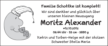 Babyanzeige von Moritz Alexander  von WESER-KURIER