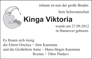 Babyanzeige von Kinga Viktoria Kaemena von WESER-KURIER