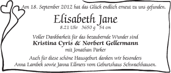 Babyanzeige von Elisabeth Jane  von WESER-KURIER