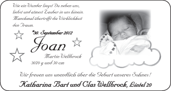 Babyanzeige von Joan Martin Wellbrock von WESER-KURIER