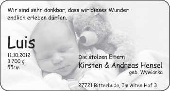 Babyanzeige von Luis Hensel von WESER-KURIER