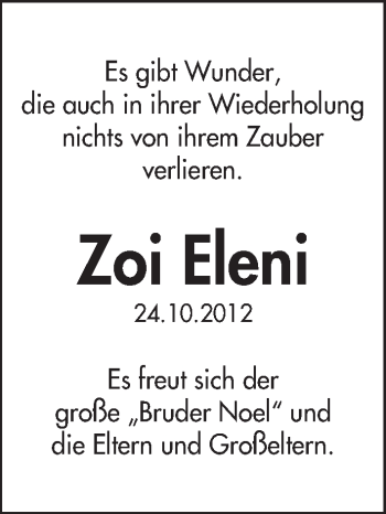 Babyanzeige von Zoi Eleni  von WESER-KURIER