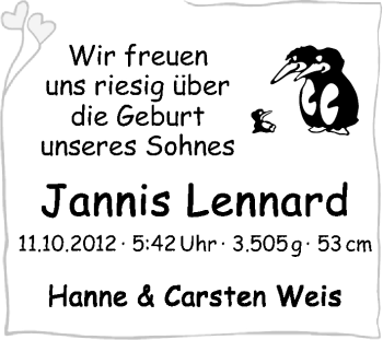 Babyanzeige von Jannis Lennard Weis von WESER-KURIER