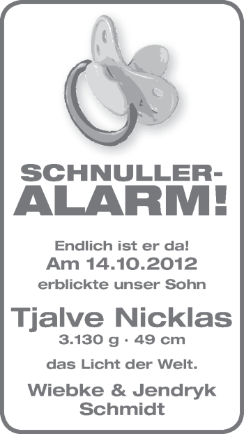 Babyanzeige von Tjalve Nicklas Schmidt von WESER-KURIER