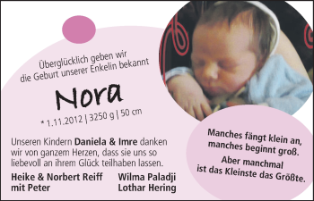 Babyanzeige von Nora  von WESER-KURIER