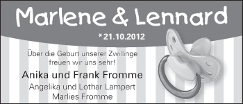 Babyanzeige von Marlene & Lennard Fromme von WESER-KURIER