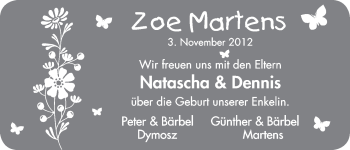 Babyanzeige von Zoe Martens von WESER-KURIER