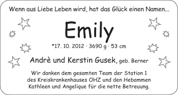 Babyanzeige von Emily Gusek von WESER-KURIER