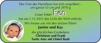 Babyanzeige von Fen Hamilton von WESER-KURIER