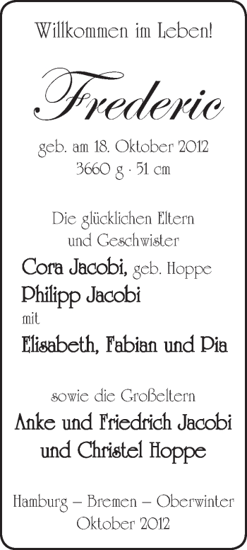 Babyanzeige von Frederic Jacobi von WESER-KURIER
