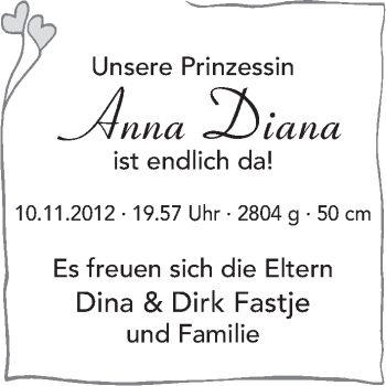 Babyanzeige von Anna Diana Fastje von WESER-KURIER