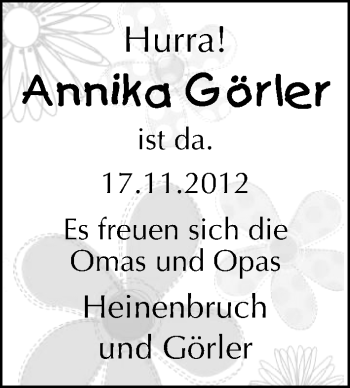 Babyanzeige von Annika Görler von WESER-KURIER