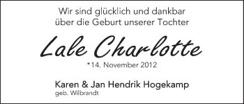 Babyanzeige von Lale Charlotte Hogekamp von WESER-KURIER