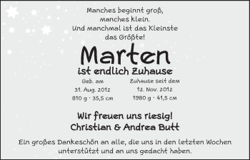 Babyanzeige von Marten Butt von WESER-KURIER