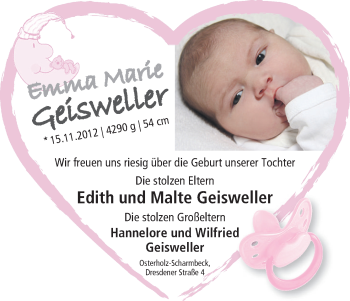 Babyanzeige von Emma Marie Geilsweller von WESER-KURIER