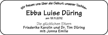 Babyanzeige von Ebba Luise Düring von WESER-KURIER