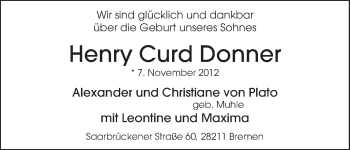 Babyanzeige von Henry Curd Donner von WESER-KURIER