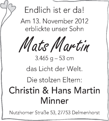 Babyanzeige von Mats Martin Minner von WESER-KURIER