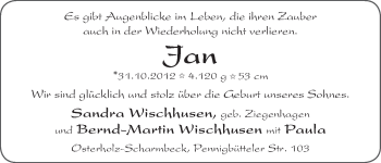 Babyanzeige von Jan Wischhusen von WESER-KURIER
