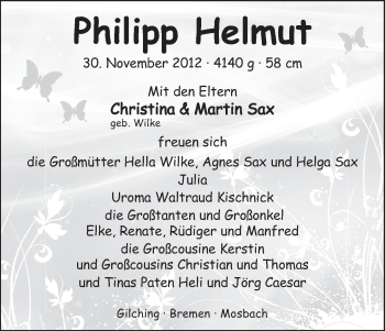 Babyanzeige von Philipp Helmut Sax von WESER-KURIER