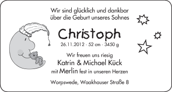 Babyanzeige von Christoph Kück von WESER-KURIER