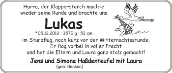 Babyanzeige von Lukas Haßdenteufel von WESER-KURIER