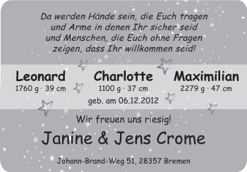 Babyanzeige von Leonard, Charlotte, Maximilian Crome von WESER-KURIER