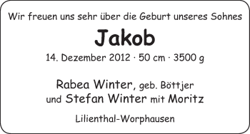 Babyanzeige von Jakob Winter von WESER-KURIER