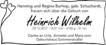 Babyanzeige von Heinrich Wilhelm  von WESER-KURIER