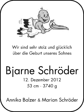 Babyanzeige von Bjarne Schröder von WESER-KURIER