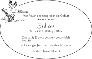 Babyanzeige von Julian Mattfeldt von WESER-KURIER