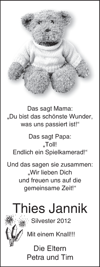 Babyanzeige von Thies Jannik  von WESER-KURIER