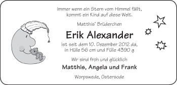 Babyanzeige von Erik Alexander  von WESER-KURIER