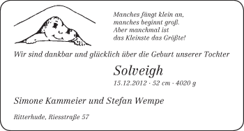Babyanzeige von Solveigh Kammeier Wempe von WESER-KURIER