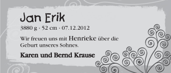 Babyanzeige von Jan Erik Krause von WESER-KURIER