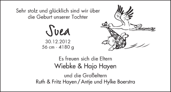 Babyanzeige von Svea Hayen von WESER-KURIER