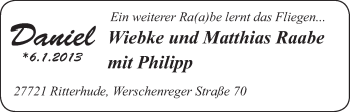 Babyanzeige von Daniel Raabe von WESER-KURIER