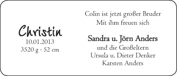 Babyanzeige von Christin Anders von WESER-KURIER