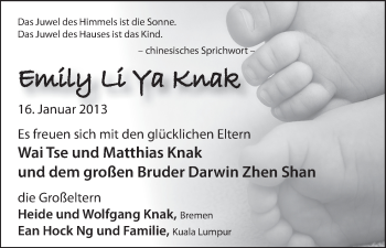 Babyanzeige von Emily Li Ya Knak von WESER-KURIER