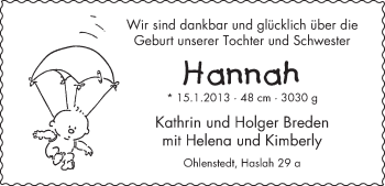 Babyanzeige von Hannah Breden von WESER-KURIER