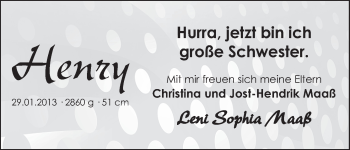 Babyanzeige von Henry Maaß von WESER-KURIER