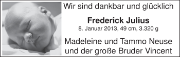 Babyanzeige von Frederick Julius Neuse von WESER-KURIER