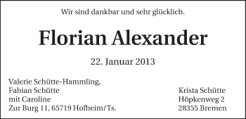 Babyanzeige von Florian Alexander  von WESER-KURIER