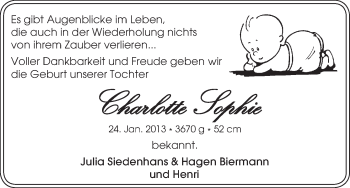 Babyanzeige von Charlotte Sophie  von WESER-KURIER