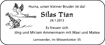 Babyanzeige von Silas Tian Ammermann von WESER-KURIER